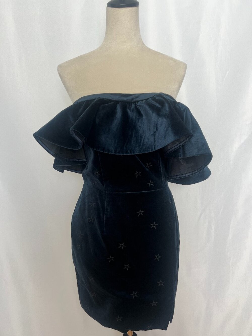 Saloni Greta Ruffle Mini Dress NWT Velvet Star Embroidered Dark Navy 6